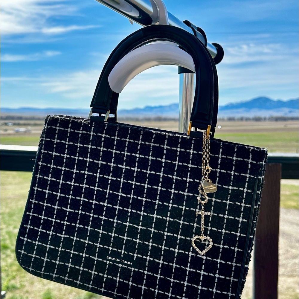 Samantha Thavasa Black & White tweed ANA Satchel with Gold Charm